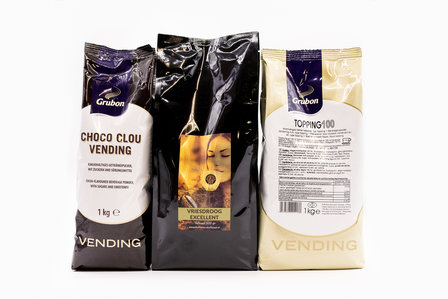 KST Proefpakket Excellent - 1 Zak KST Vriesdroog Excellent Koffie 500gram - 1 zak Grubon Topping 100 1kg.- 1 zak Cacao Choco Clou Vending 1kg.