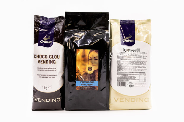 KST Proefpakket Superieur -1 Zak KST Vriesdroog Superieur Koffie 500 gram -1 zak Grubon Topping 100 1kg.- 1 zak Cacao Choco Clou Vending 1kg.
